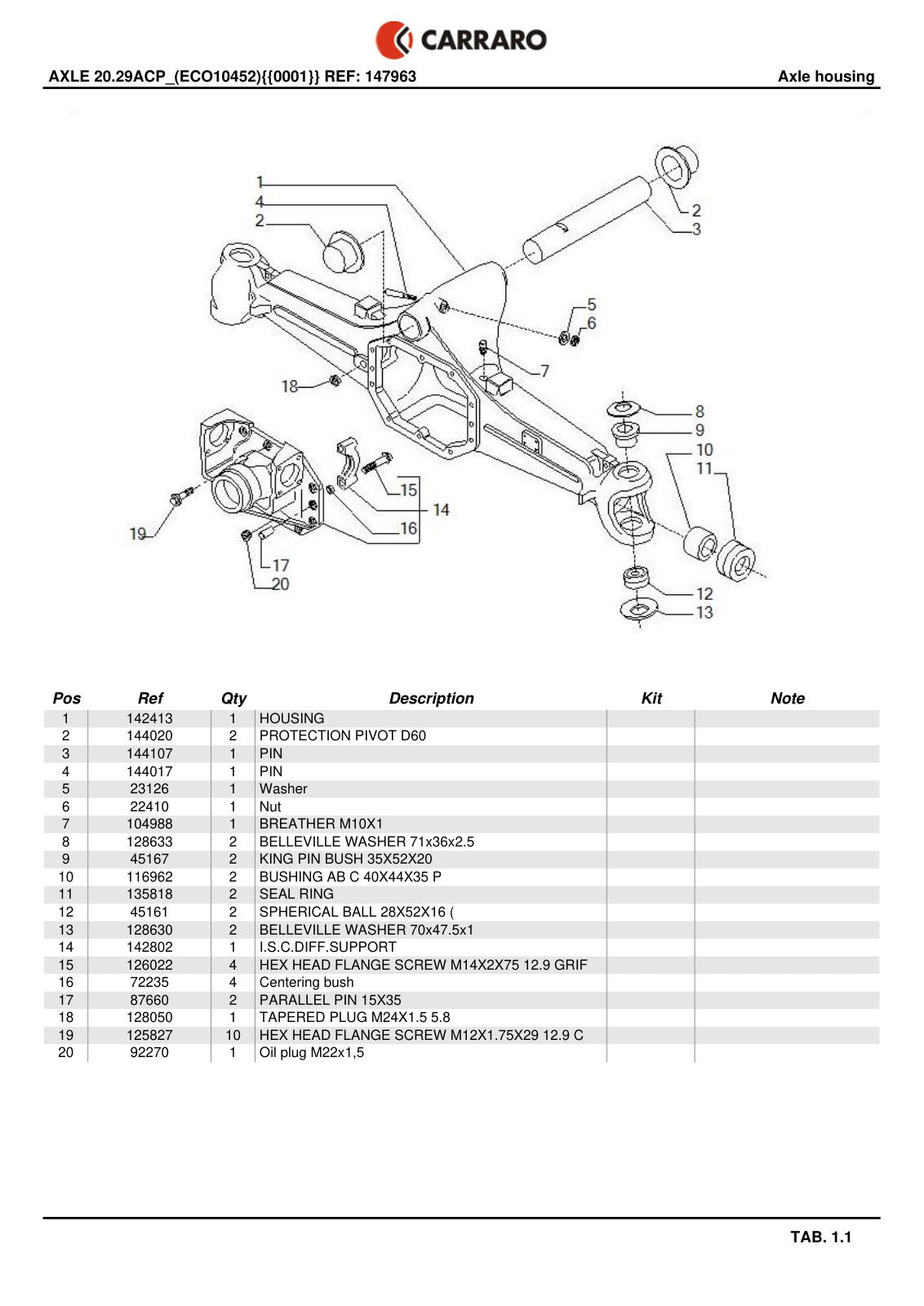 Carraro 20.29ACP Axle Parts Catalog (Ref. 147963) – sample page 1