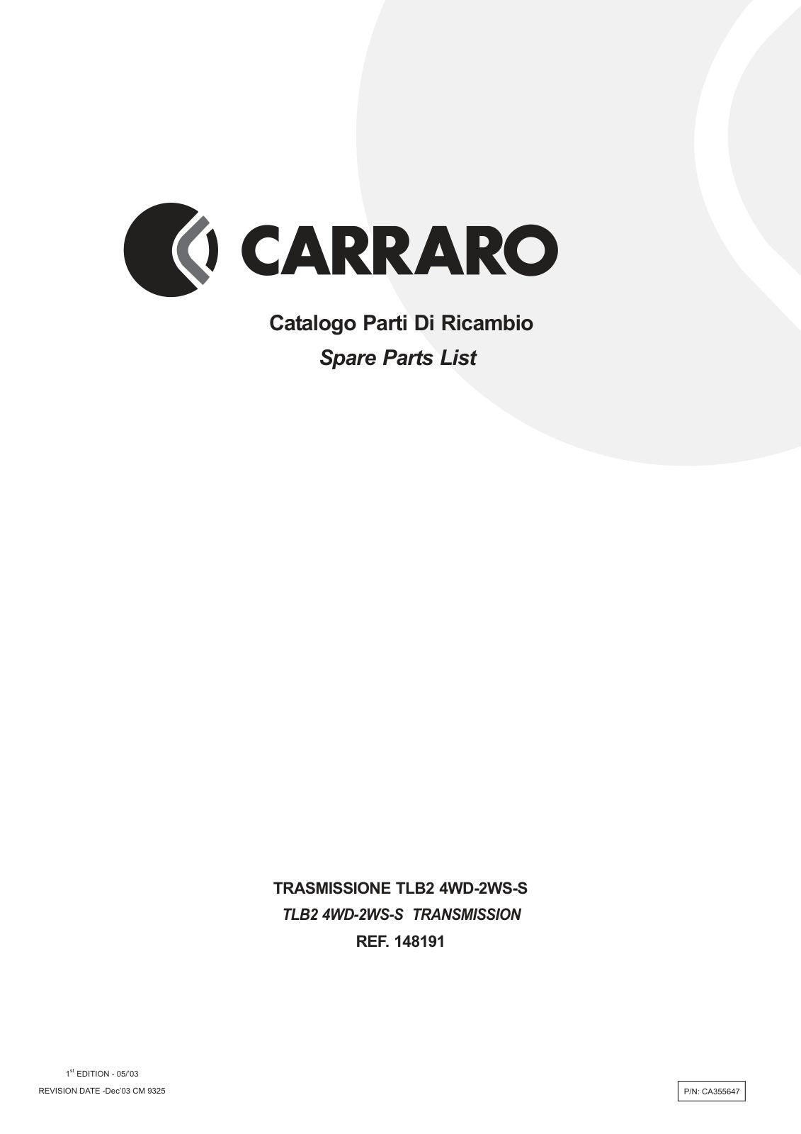 Carraro TLB2 Transmission Parts Catalog (Ref. 148191) – cover