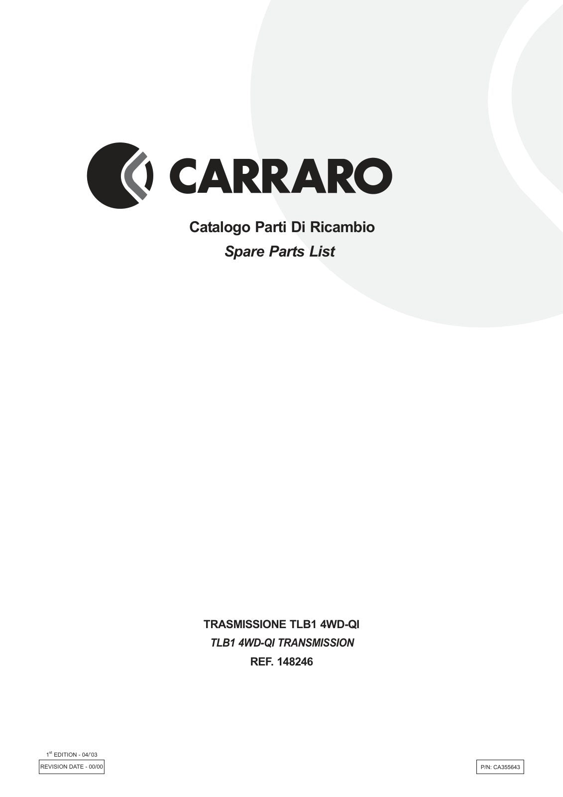Carraro TLB1 Transmission Parts Catalog (Ref. 148246) – cover