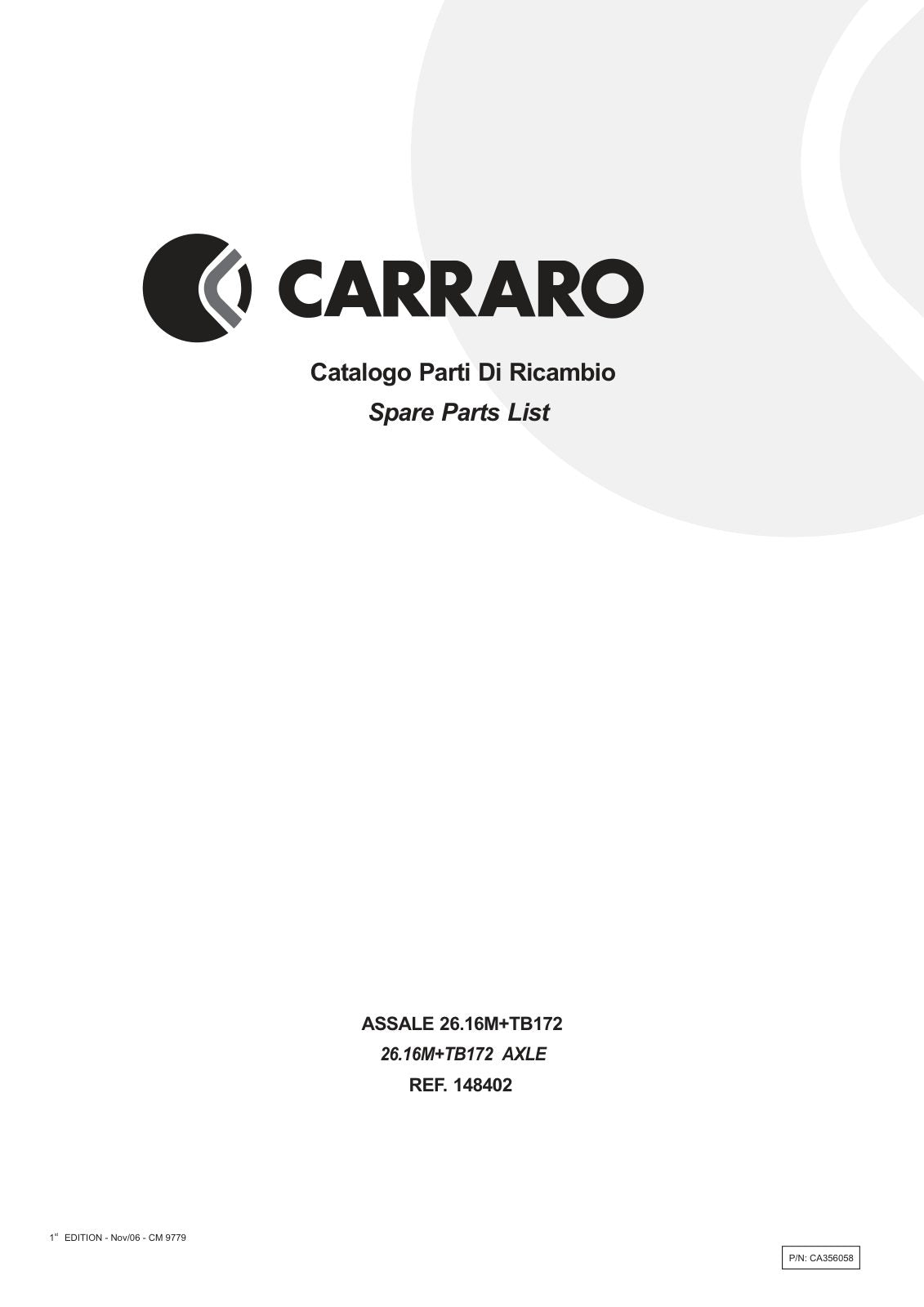 Carraro 26.16M + TB172 Axle with Transfer Box Parts Catalog (Ref. 148402) – cover