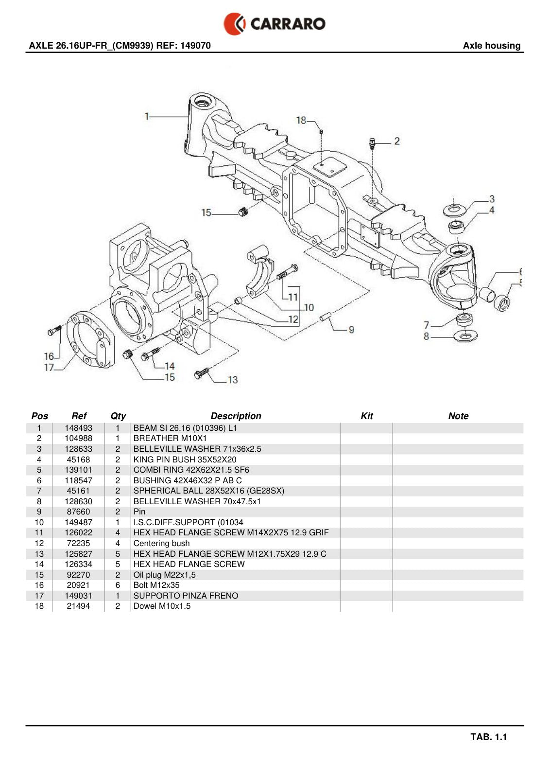 Carraro 26.16UP-FR Axle Parts Catalog (Ref. 149070) – sample page 1