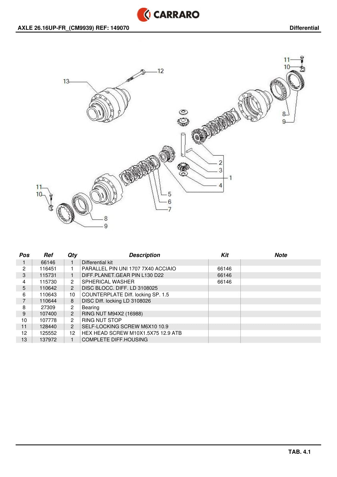 Carraro 26.16UP-FR Axle Parts Catalog (Ref. 149070) – sample page 2