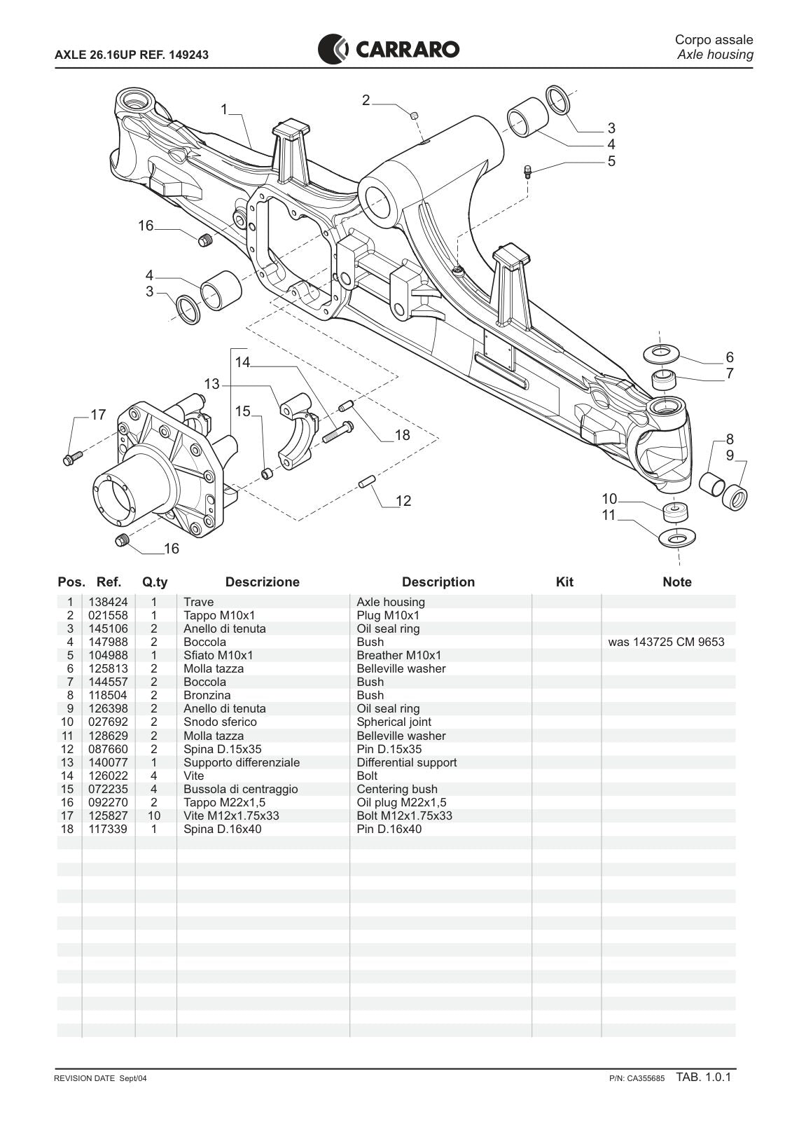 Carraro 26.16UP Axle Parts Catalog (Ref. 149243) – sample page 1