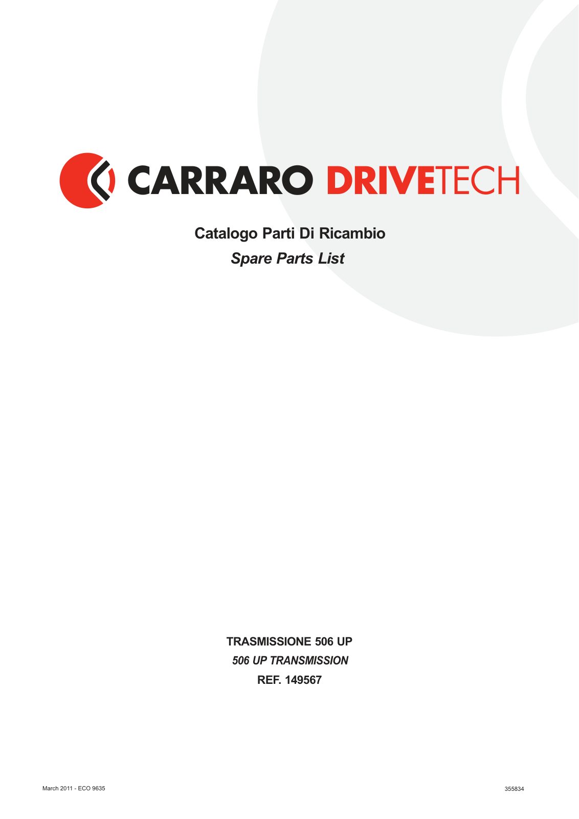 Carraro 506 UP Transmission Parts Catalog (Ref. 149567) – cover