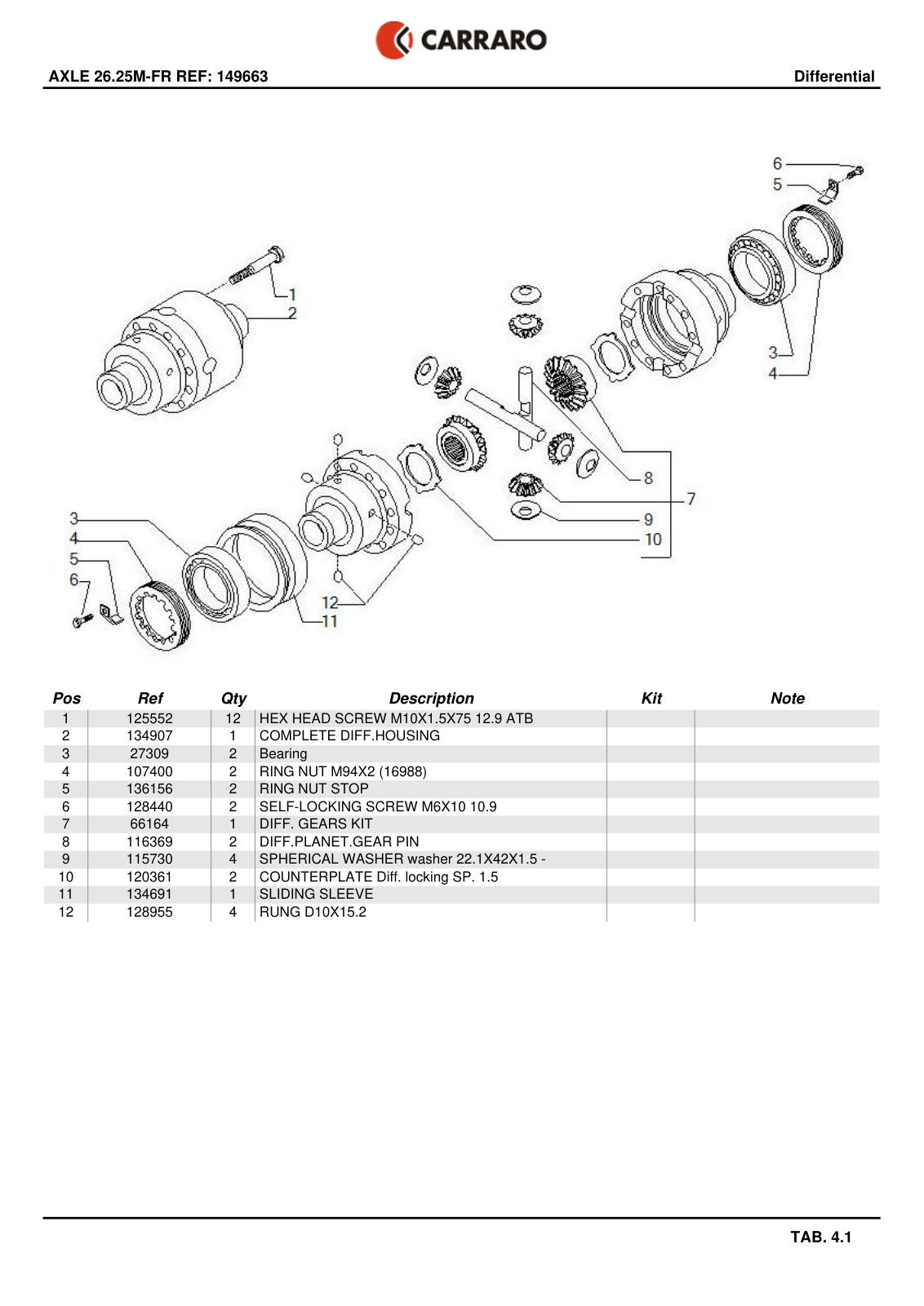 Carraro 26.25M-FR Axle Parts Catalog (Ref. 149663) – sample page 2