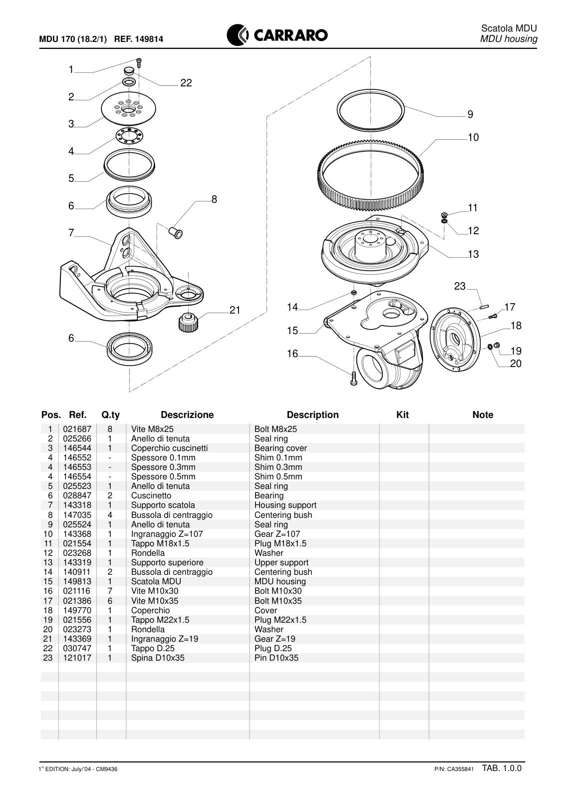 Carraro MDU 170 Reduction Unit Parts Catalog (Ref. 149814) – sample page 1