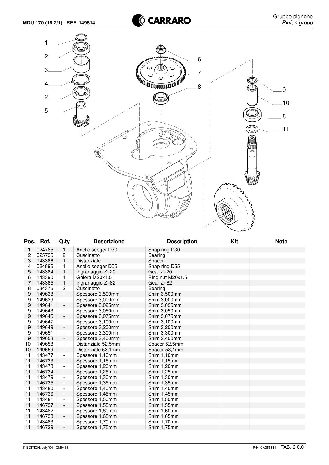 Carraro MDU 170 Reduction Unit Parts Catalog (Ref. 149814) – sample page 2