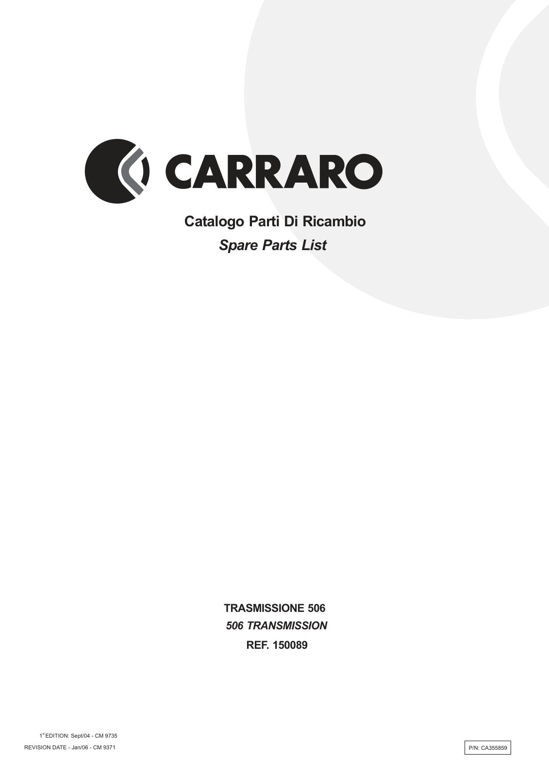 Carraro 506 Transmission Parts Catalog (Ref. 150089) – cover