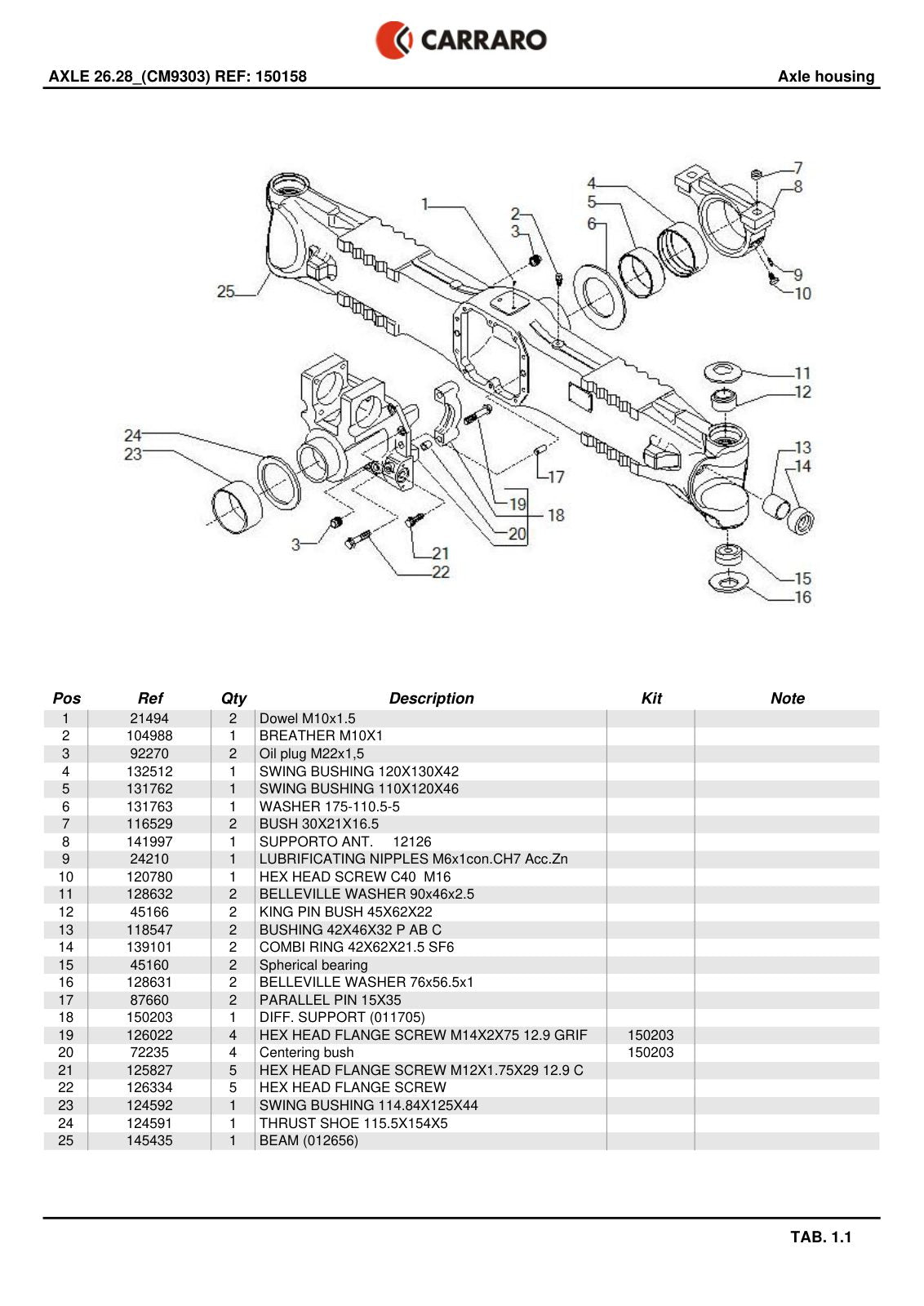 Carraro 26.28 Axle Parts Catalog (Ref. 150158, 150203) – sample page 1