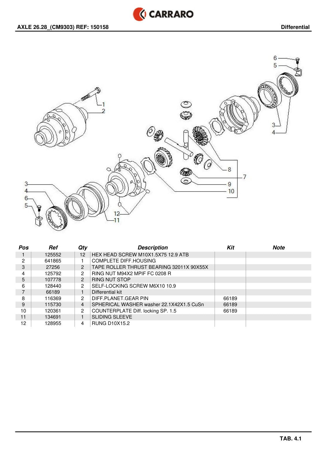 Carraro 26.28 Axle Parts Catalog (Ref. 150158, 150203) – sample page 2