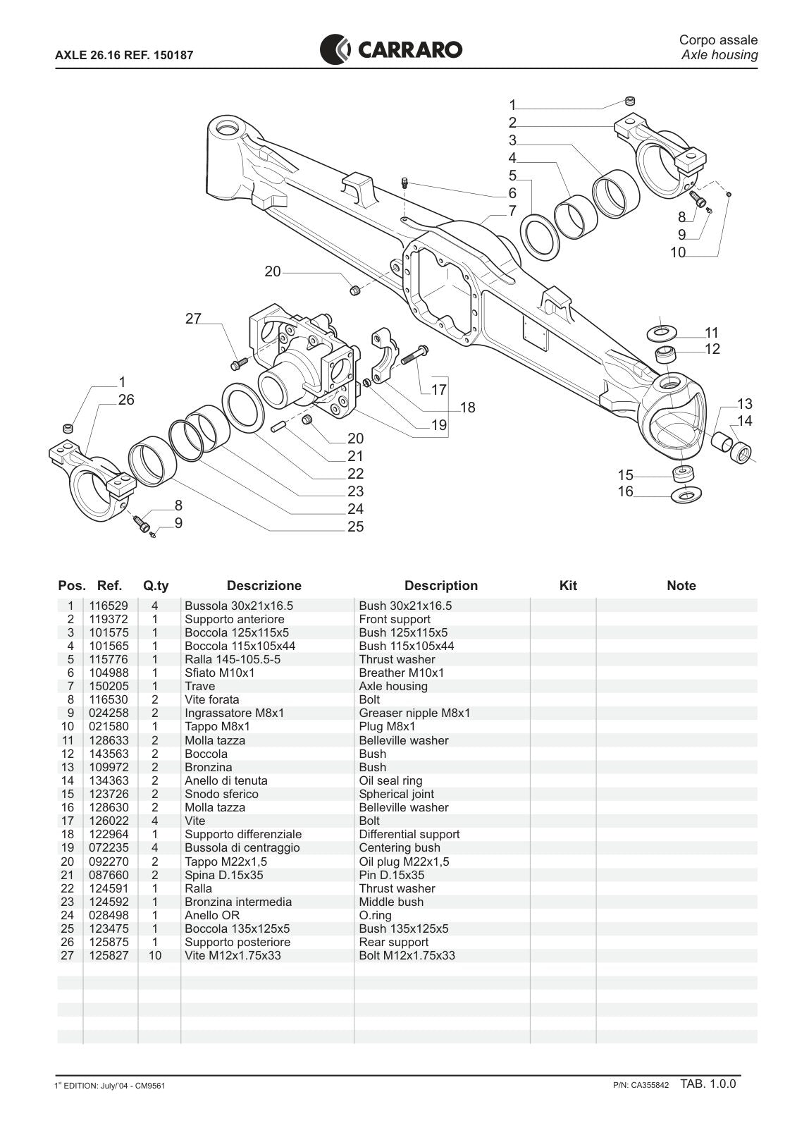 Carraro 26.16 Axle Parts Catalog (Ref. 150187) – sample page 1