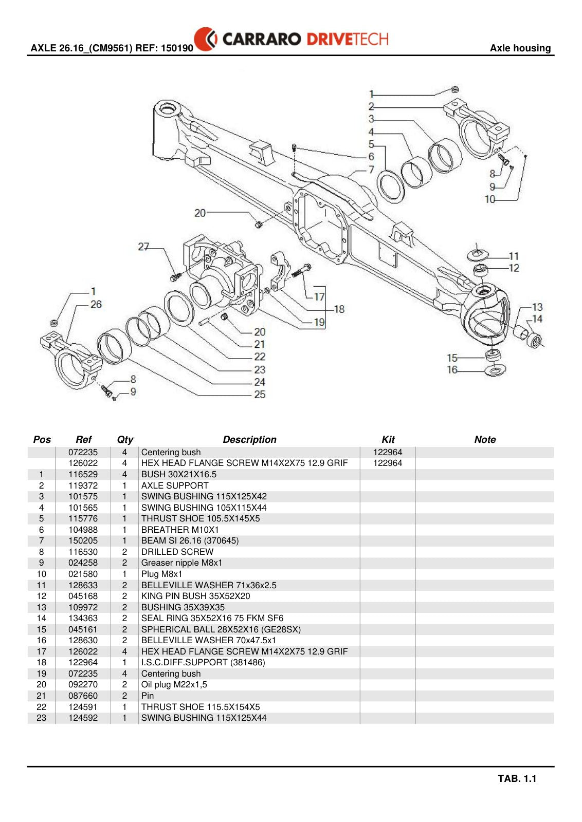Carraro 26.16 Axle Parts Catalog (Ref. 150190, 122964) – sample page 1