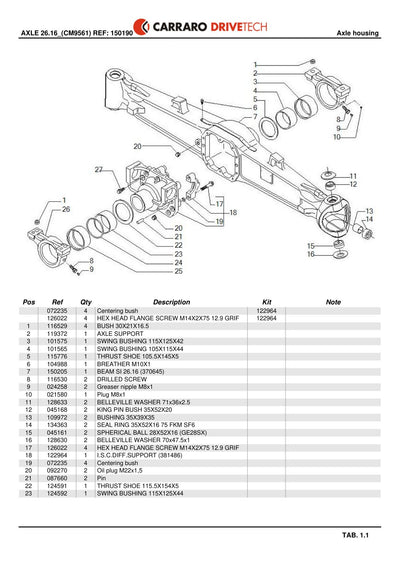 Carraro 26.16 Axle Parts Catalog (Ref. 150190, 122964) – sample page 1