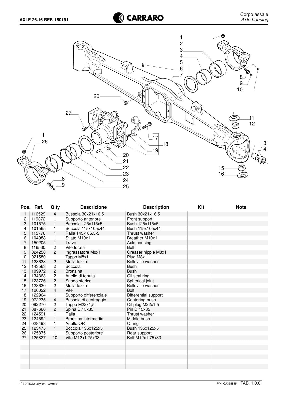 Carraro 26.16 Axle Parts Catalog (Ref. 150191) – sample page 1