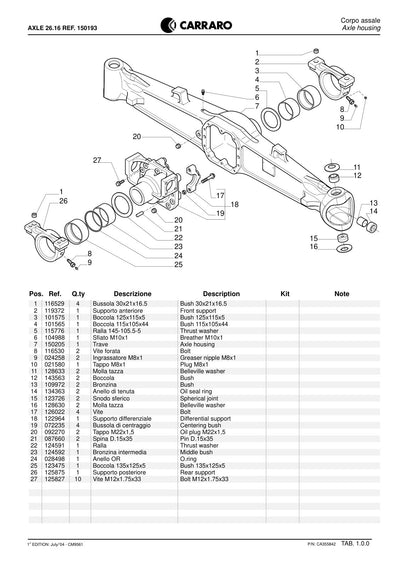 Carraro 26.16 Axle Parts Catalog (Ref. 150193) – sample page 1