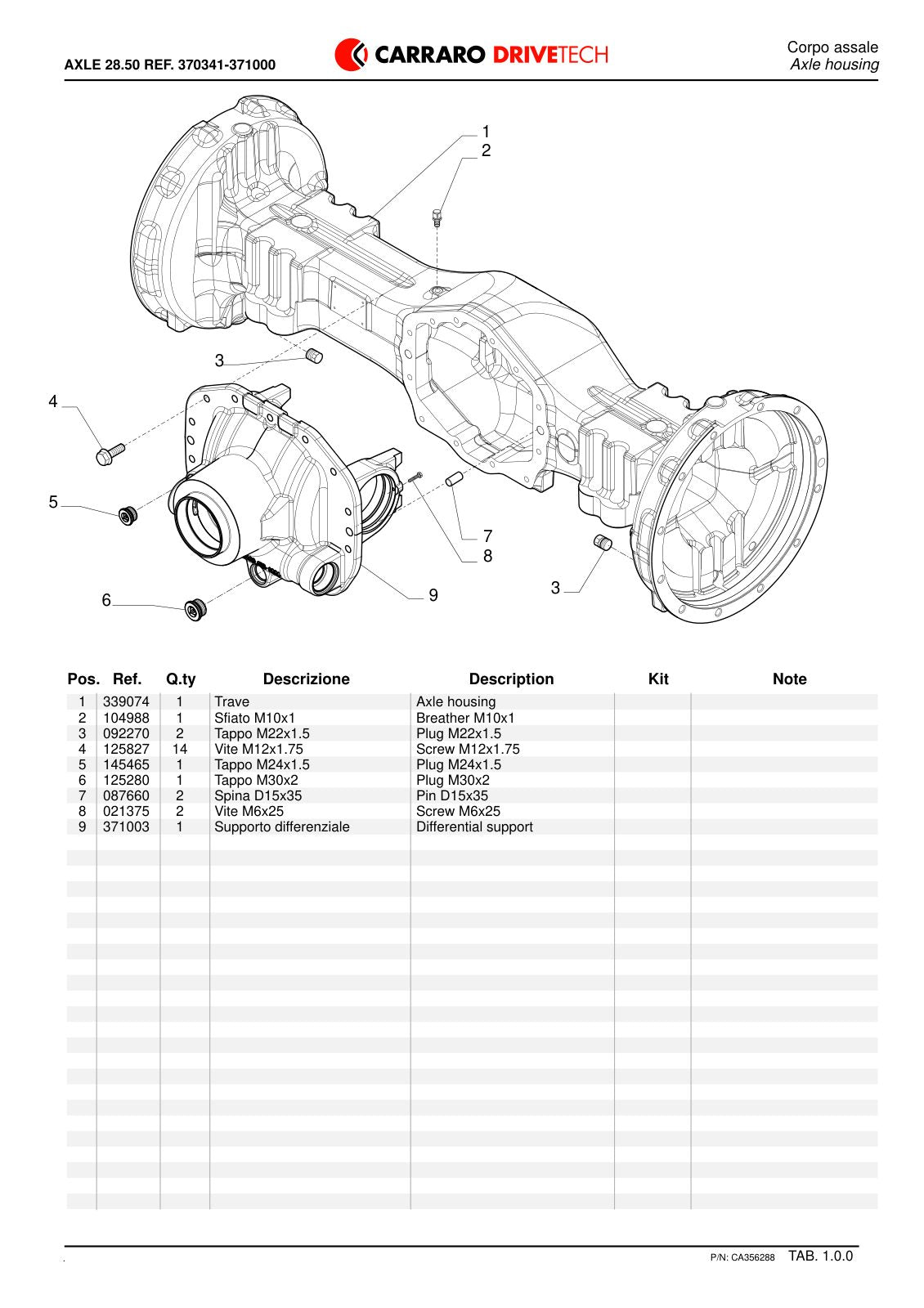 Carraro 28.50FR Axle Parts Catalog (Ref. 370341, 371000) – sample page 1