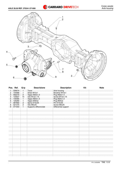 Carraro 28.50FR Axle Parts Catalog (Ref. 370341, 371000) – sample page 1