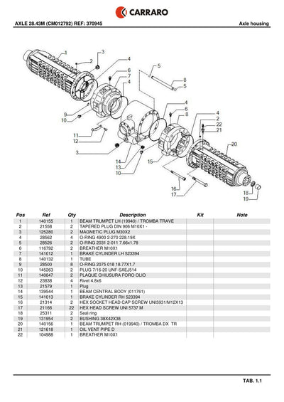 Carraro 28.43M Axle Parts Catalog (Ref. 370945) – sample page 1