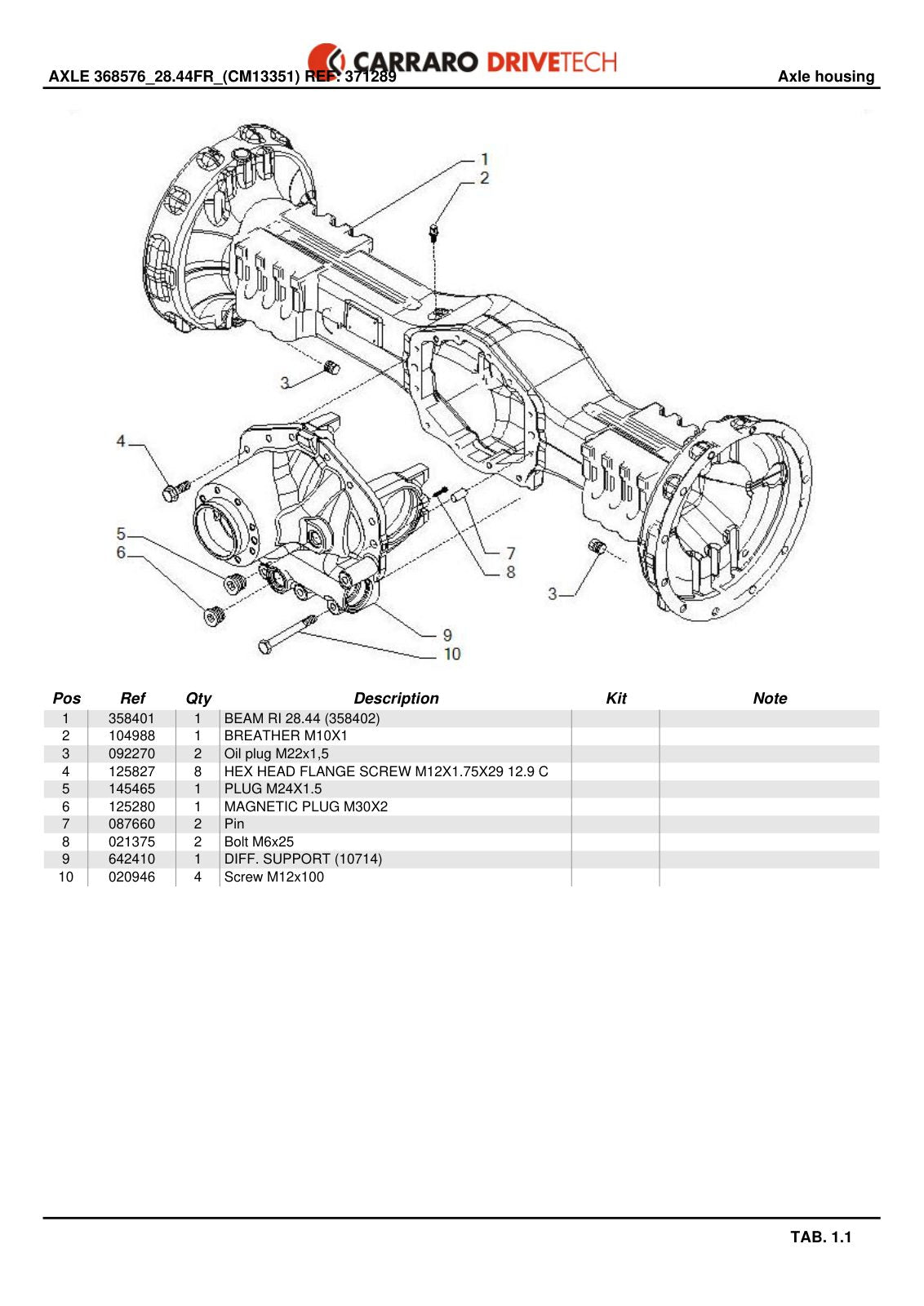 Carraro Axle Parts Catalog (Ref. 371289) – sample page 1