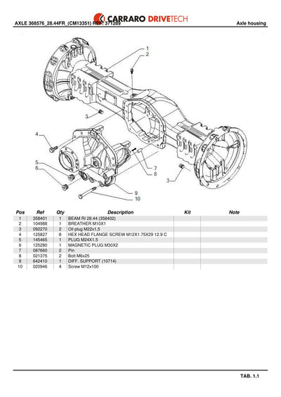 Carraro Axle Parts Catalog (Ref. 371289) – sample page 1