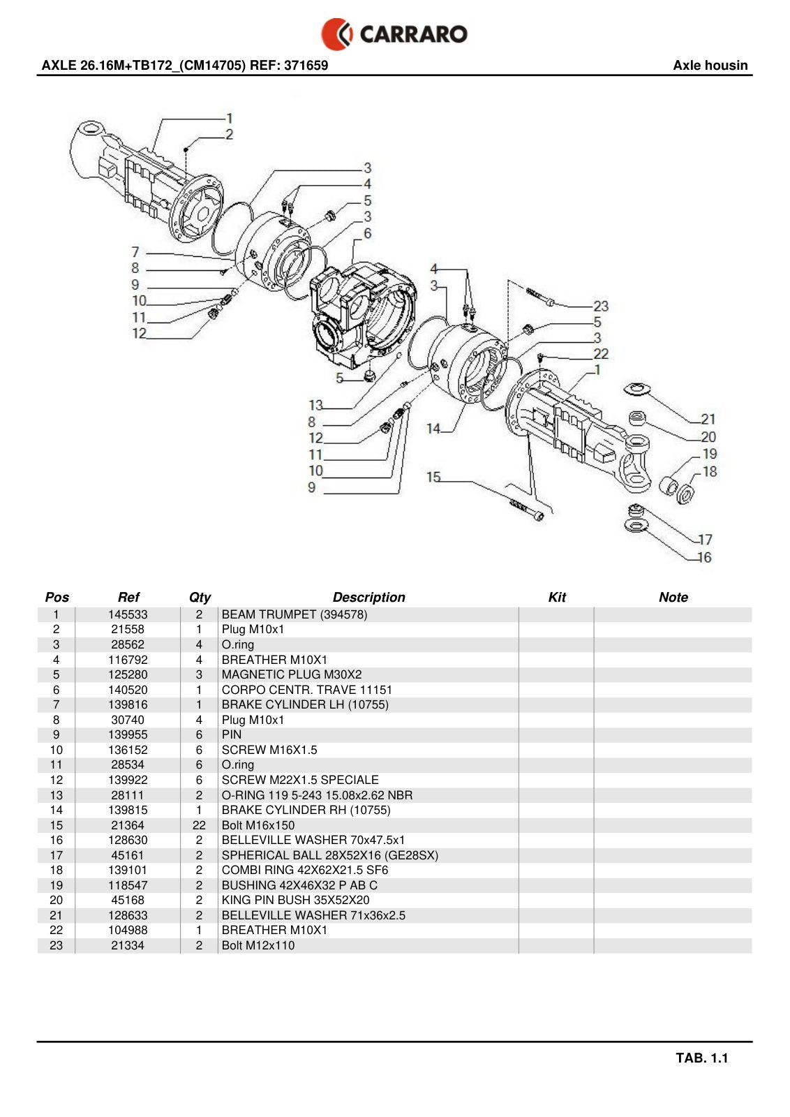 Carraro 26.16M + TB172 Axle with Transfer Box Parts Catalog (Ref. 371659) – sample page 1