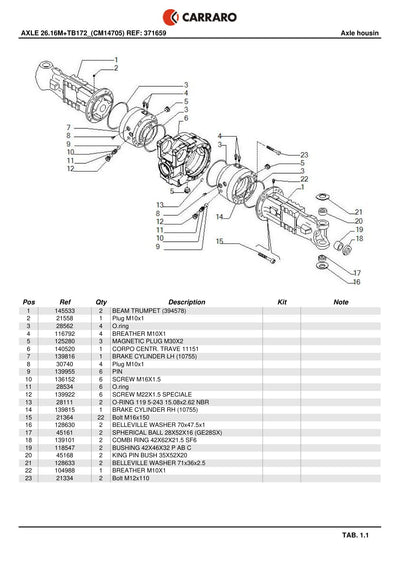Carraro 26.16M + TB172 Axle with Transfer Box Parts Catalog (Ref. 371659) – sample page 1