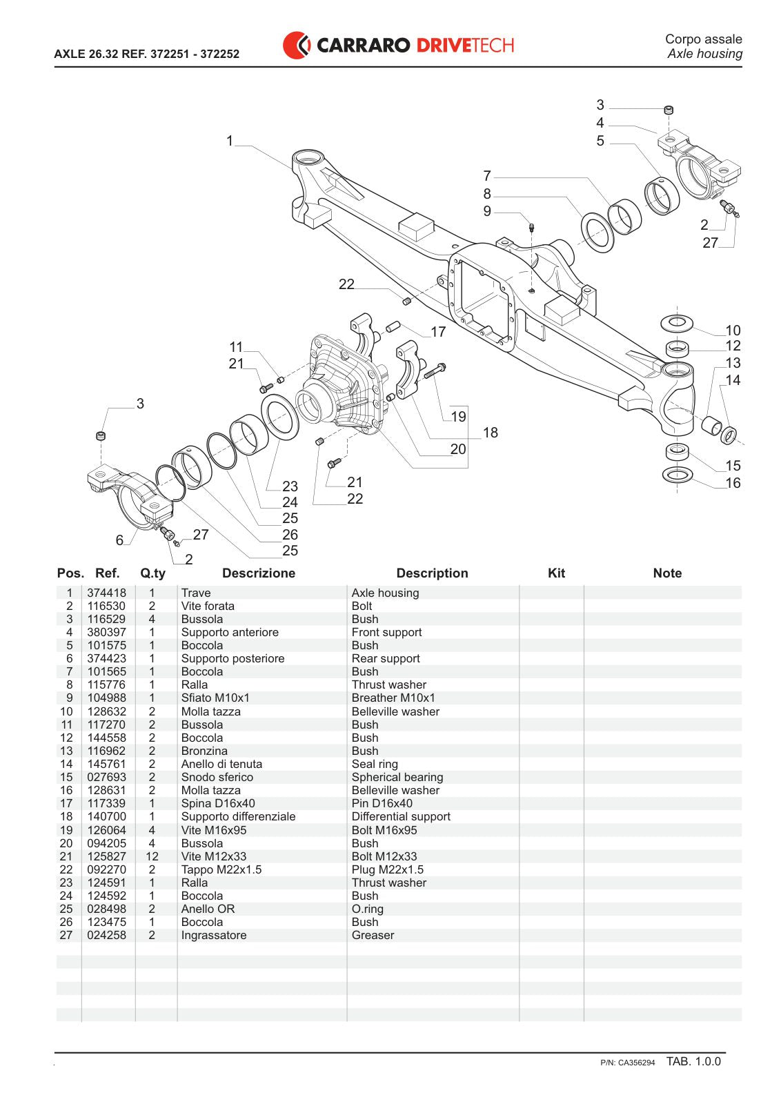 Carraro 26.32 Axle Parts Catalog (Ref. 372251, 372252) – sample page 1