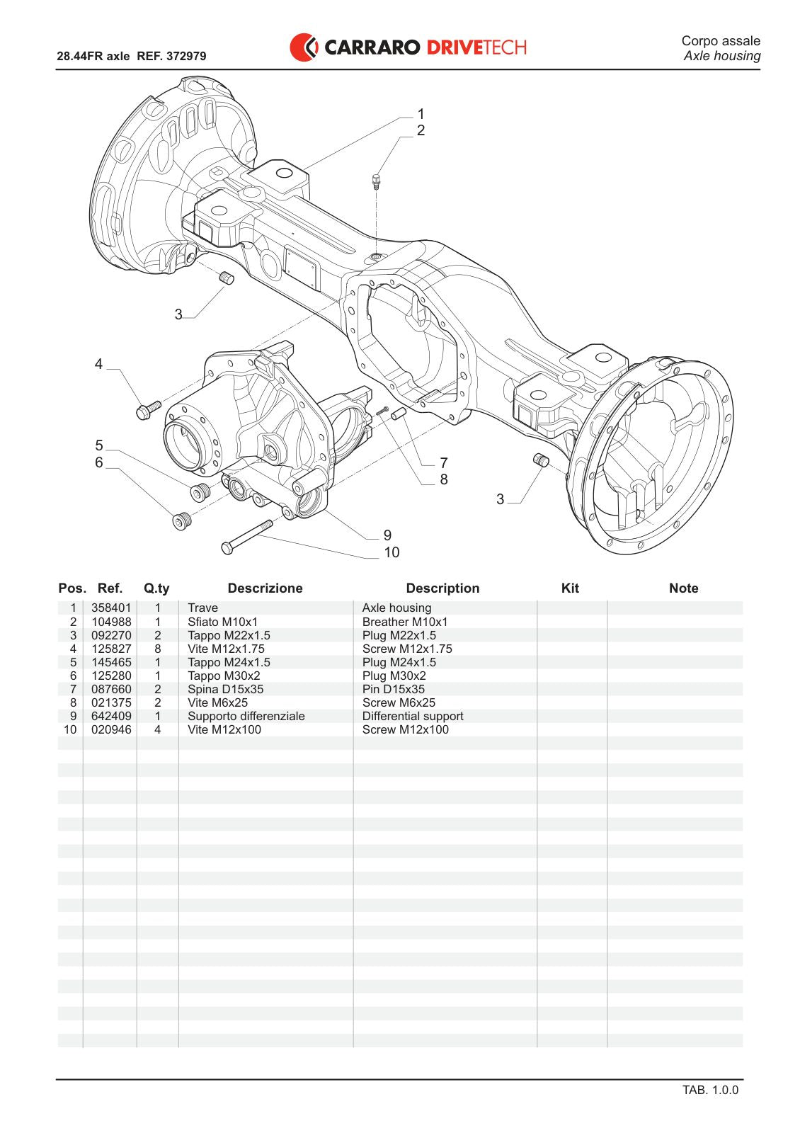 Carraro 28.44FR Axle Parts Catalog (Ref. 372979) – sample page 1