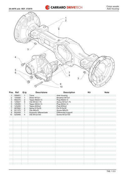 Carraro 28.44FR Axle Parts Catalog (Ref. 372979) – sample page 1