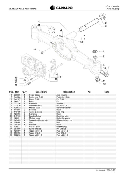 Carraro 20.49 Axle Parts Catalog (Ref. 380376) – sample page 1