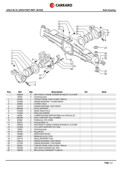 Carraro 26.16 Axle Parts Catalog (Ref. 381025) – sample page 1