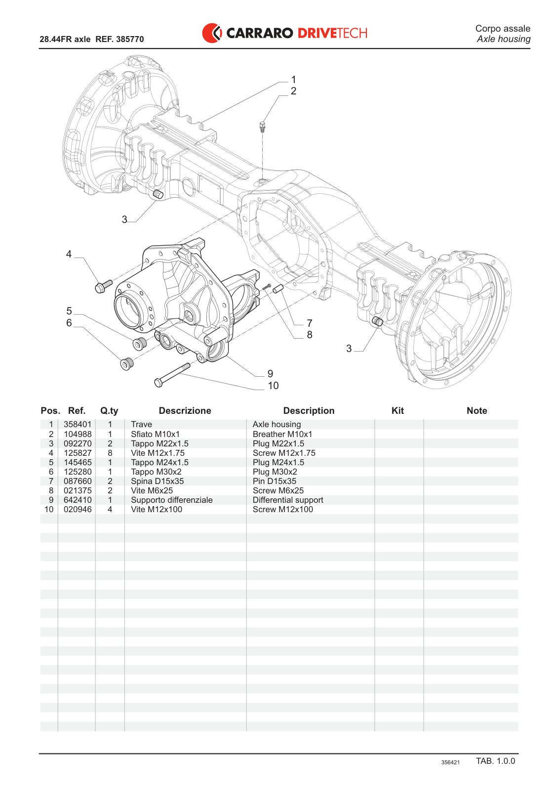 Carraro 28.44FR Axle Parts Catalog (Ref. 385770, 356421) – sample page 1