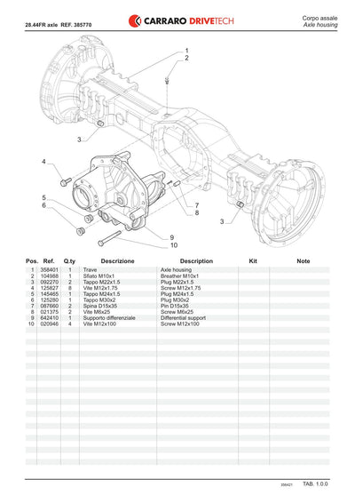 Carraro 28.44FR Axle Parts Catalog (Ref. 385770, 356421) – sample page 1