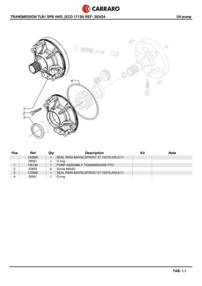 Carraro TLB1 Transmission Parts Catalog (Ref. 393434) – sample page 1