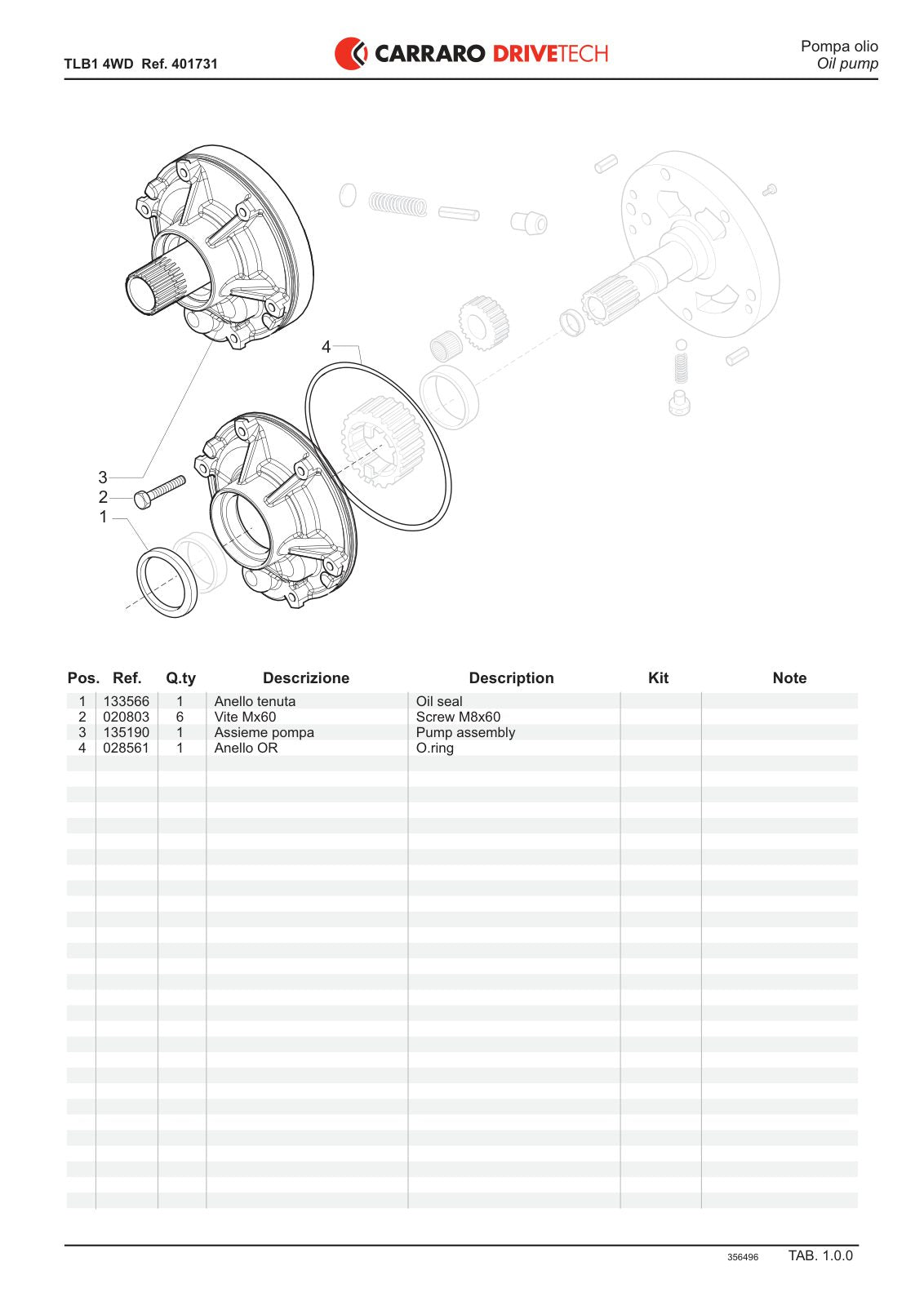 Carraro TLB1 Transmission Parts Catalog (Ref. 401731) – sample page 1