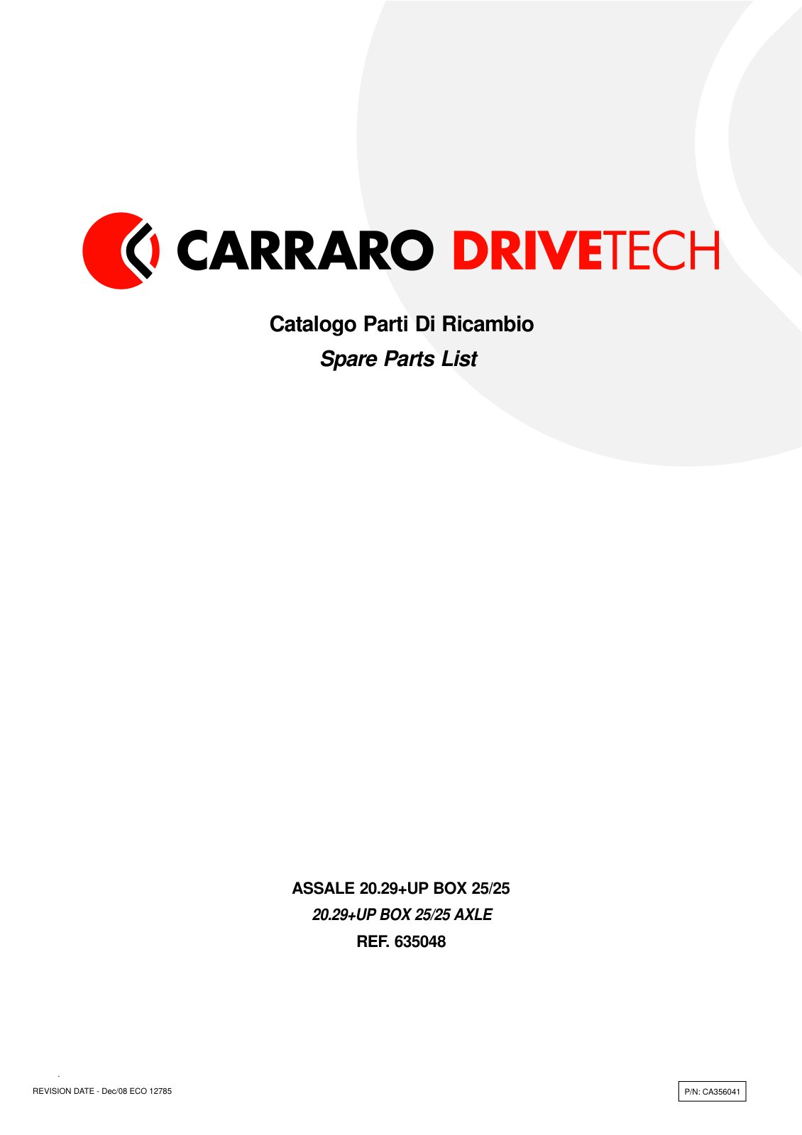 Carraro 20.29 Axle Parts Catalog (Ref. 635048) – cover