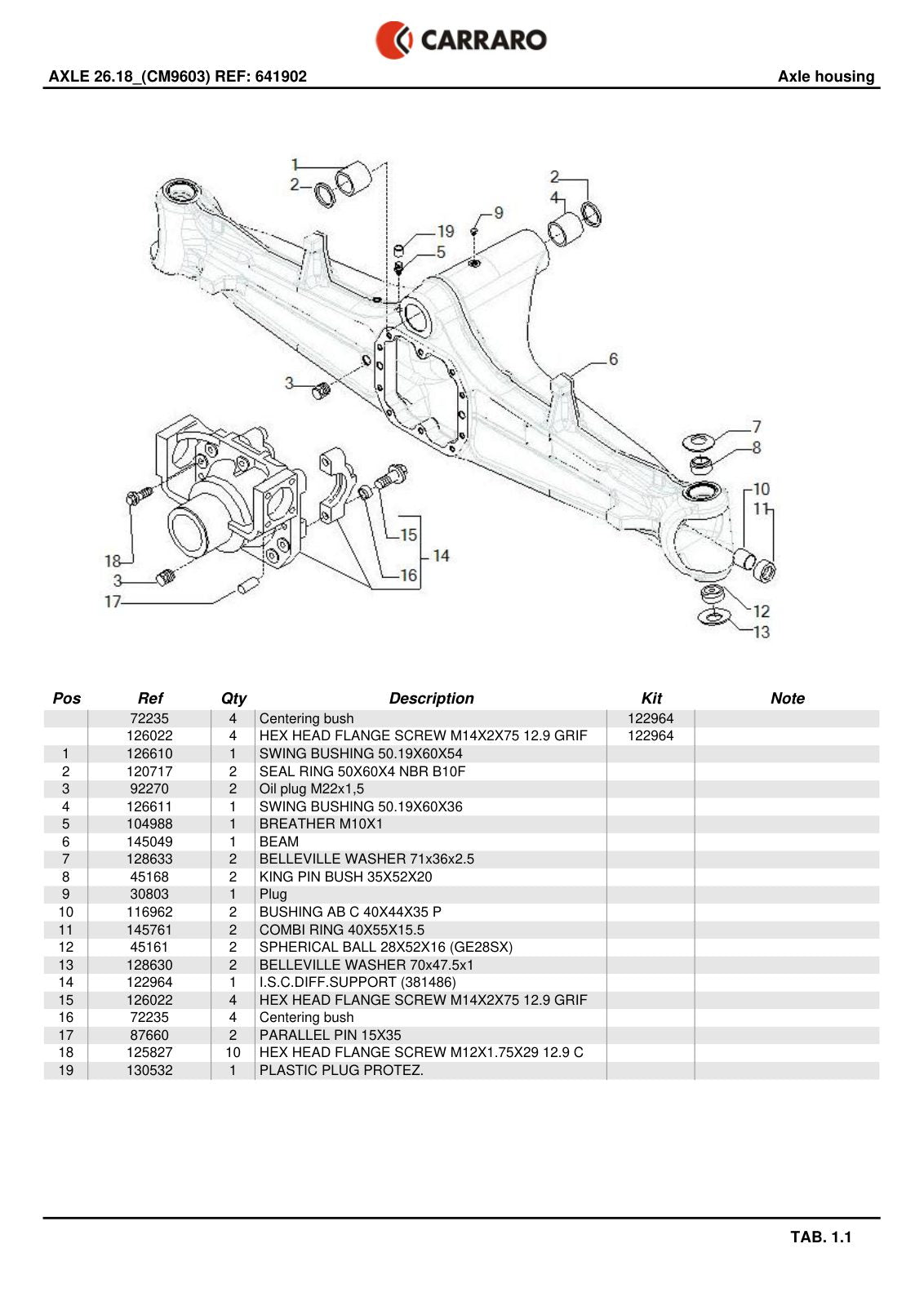 Carraro 26.18 Axle Parts Catalog (Ref. 641902, 122964) – sample page 1