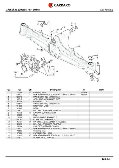 Carraro 26.18 Axle Parts Catalog (Ref. 641902, 122964) – sample page 1