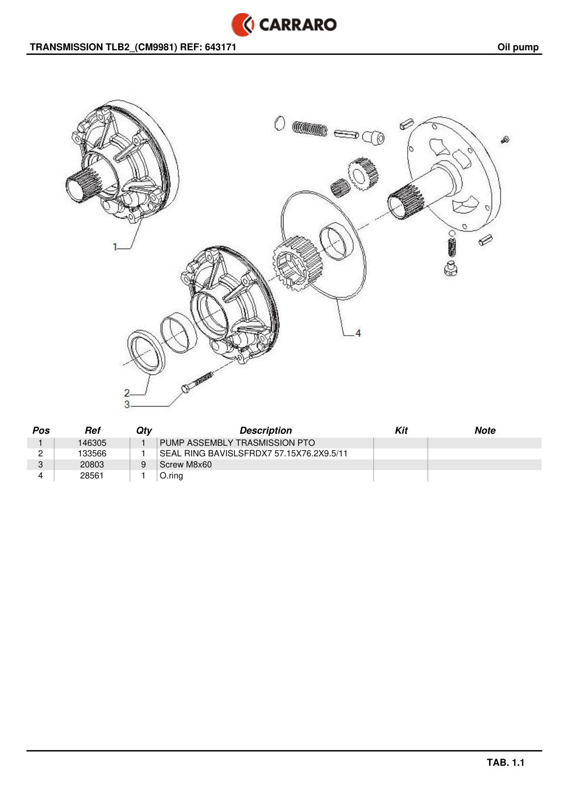 Carraro TLB2 Transmission Parts Catalog (Ref. 643171) – sample page 1