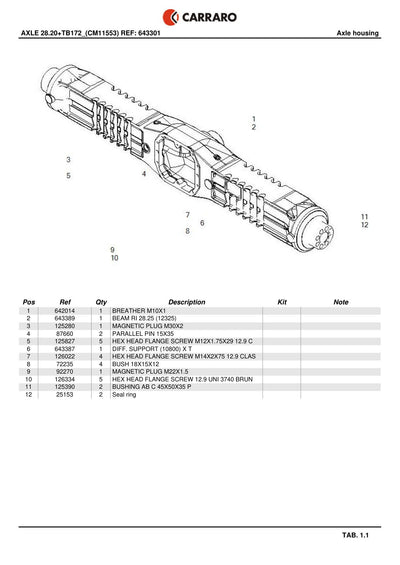 Carraro 28.20 + TB172 Axle with Transfer Box Parts Catalog (Ref. 643301) – sample page 1