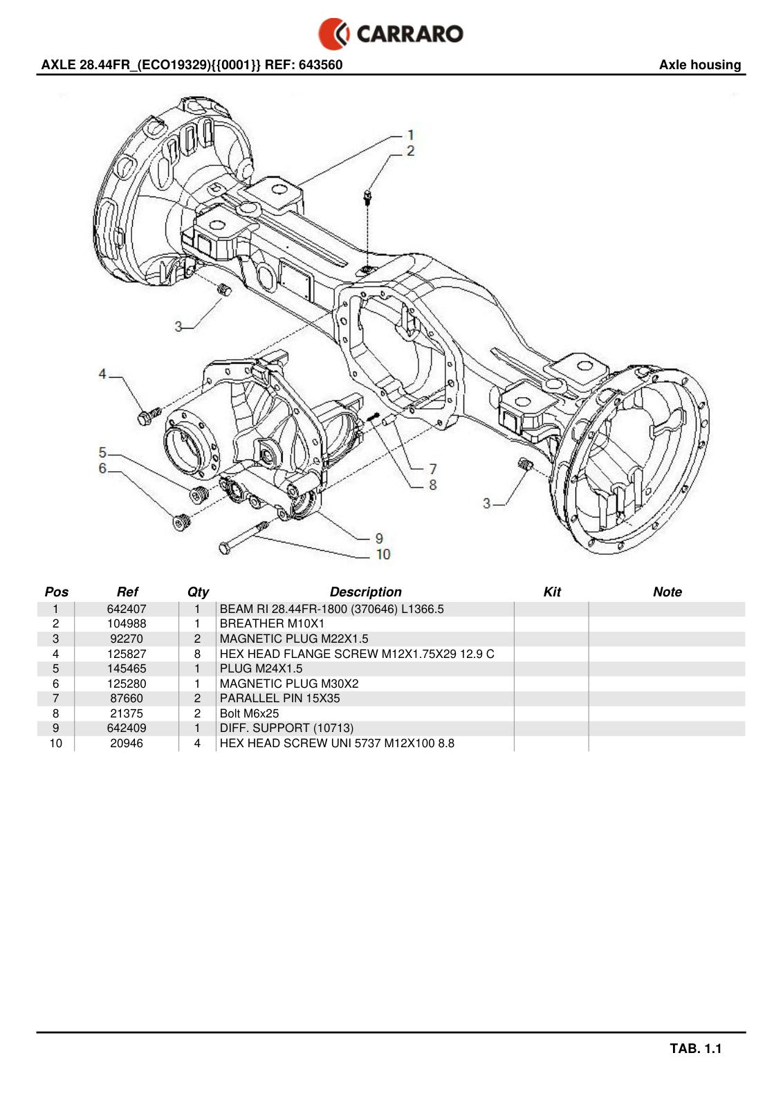 Carraro 28.44FR Axle Parts Catalog (Ref. 643560, New Version) – sample page 1