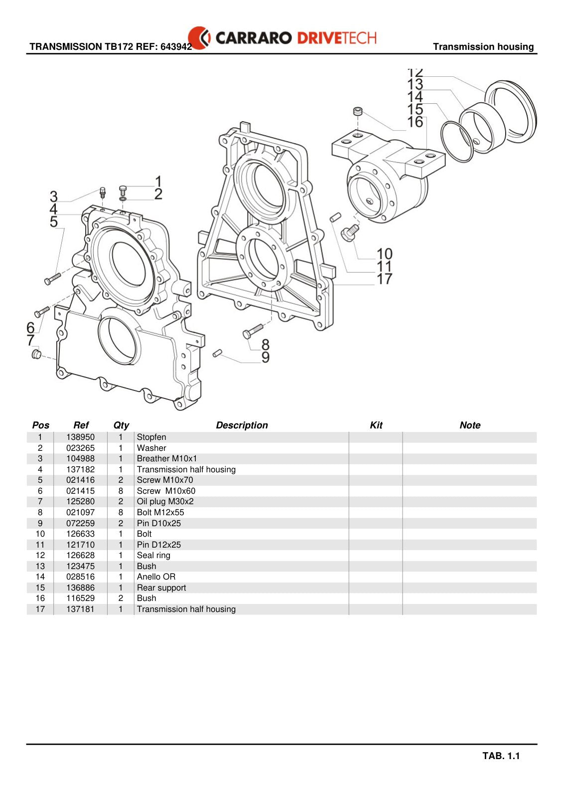 Carraro TB172 Transmission Parts Catalog (Ref. 643942) – sample page 1