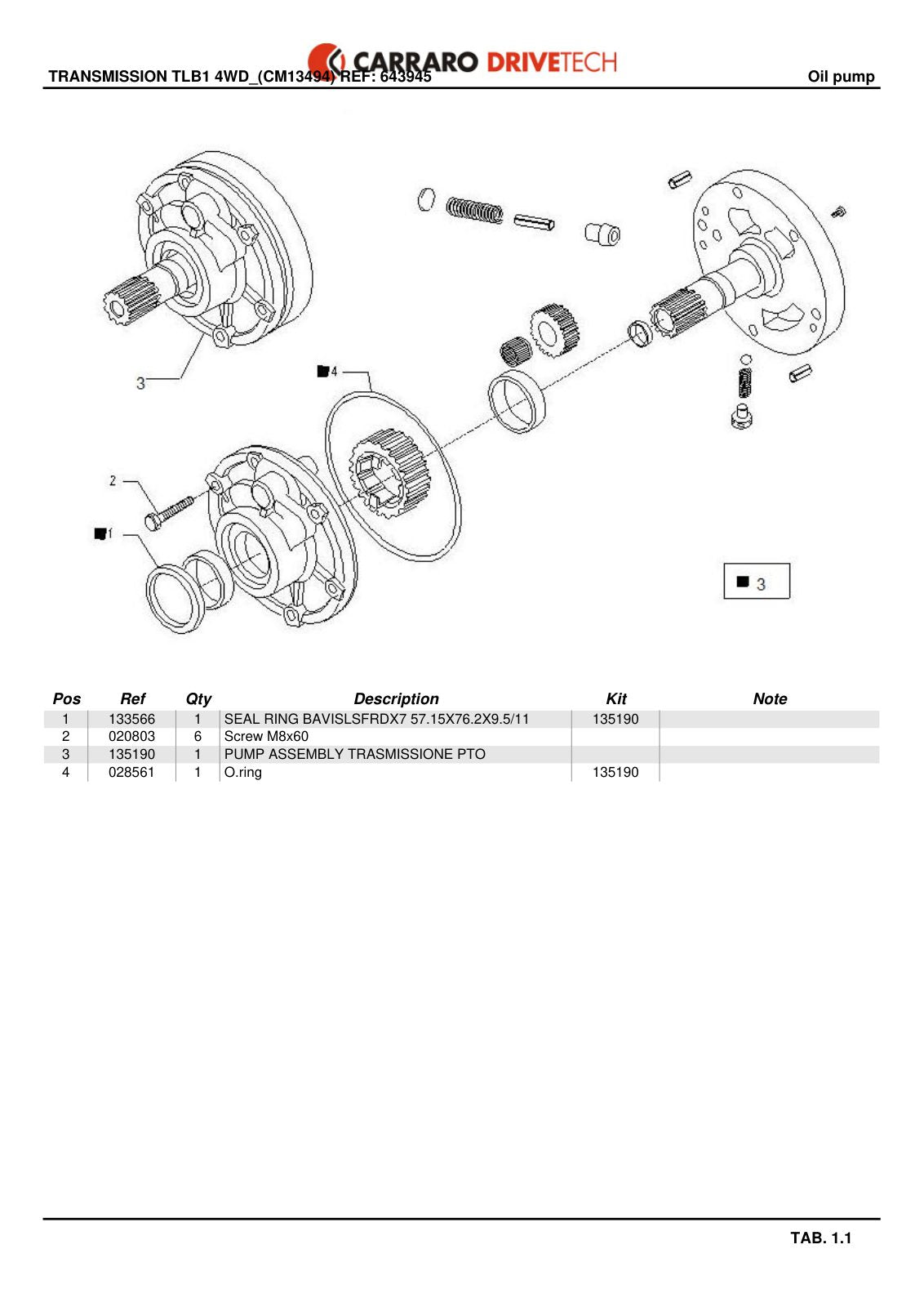 Carraro TLB1 Transmission Parts Catalog (Ref. 643945) – sample page 1
