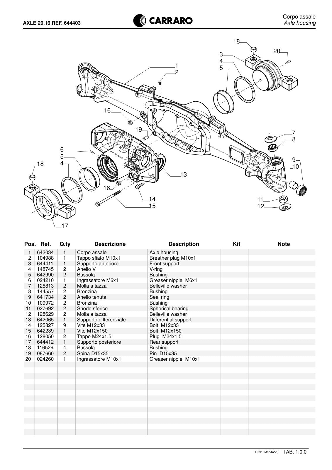 Carraro 20.16 Axle Parts Catalog (Ref. 644403) – sample page 1