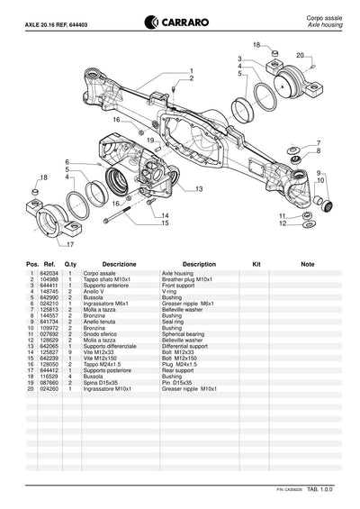 Carraro 20.16 Axle Parts Catalog (Ref. 644403) – sample page 1