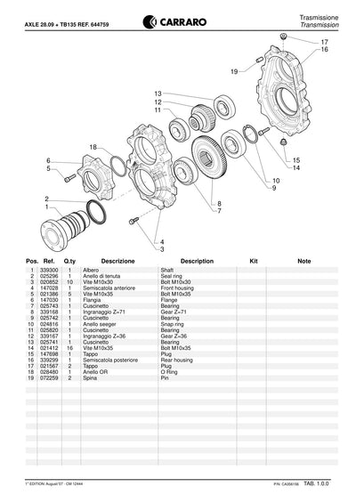 Carraro 28.09 + TB135 Axle with Transfer Box Parts Catalog (Ref. 644759) – sample page 1