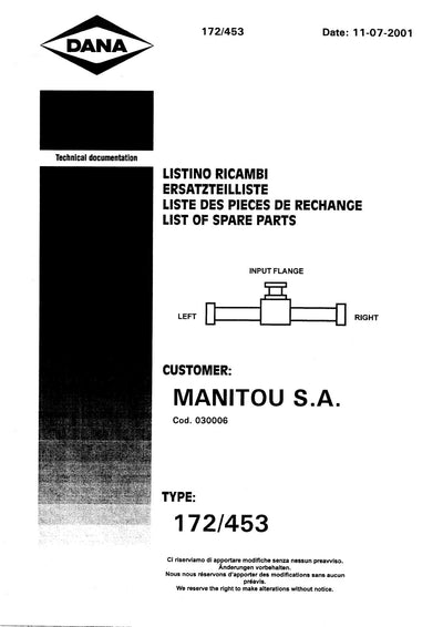 Dana Spicer 172/453 Axle Parts Catalog for Manitou M26-M30-M40-M50 Forklift (Manitou 218580) – cover