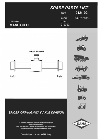 Dana Spicer 212/102 Steering Axle Parts Catalog for Manitou MRT 1540 - 1840 Telehandler (Manitou 569555) – cover