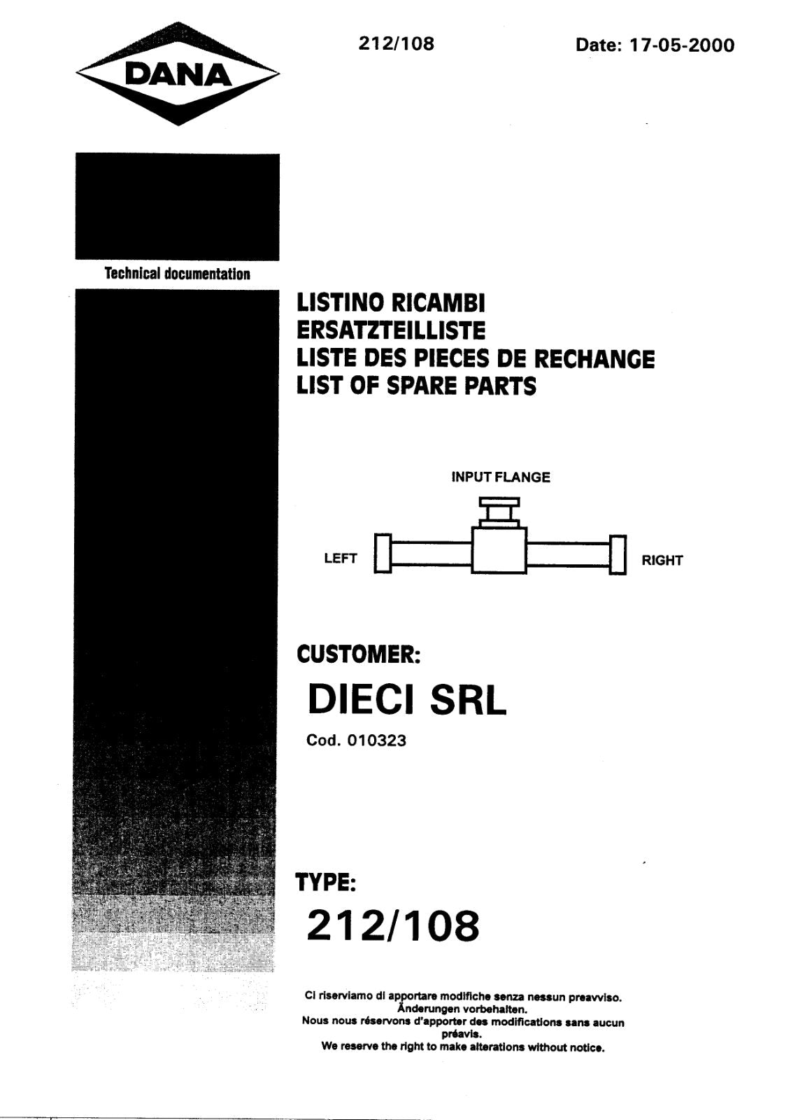 Dana Spicer 212/108 Steering Axle Parts Catalog for Dieci ET 135 - ET 136 Telehandler – cover