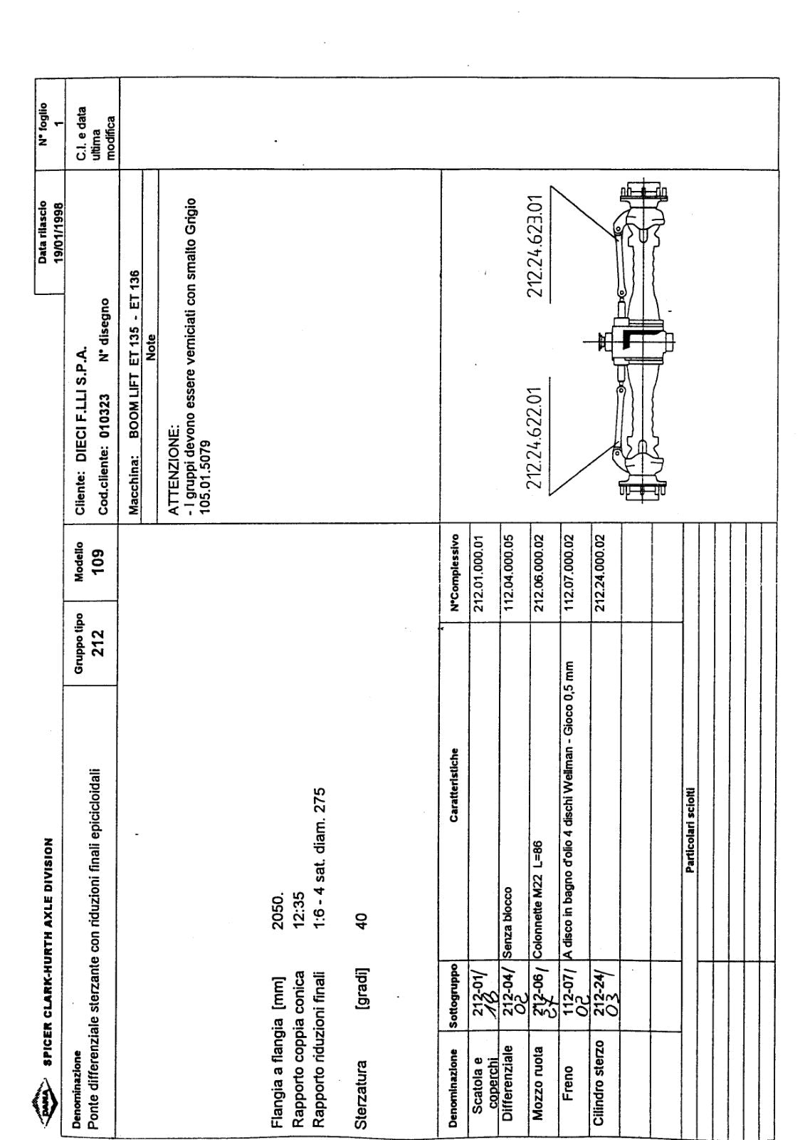 Dana Spicer 212/109 Steering Axle Parts Catalog for Dieci ET 135 - ET 136 Telehandler – sample page 1
